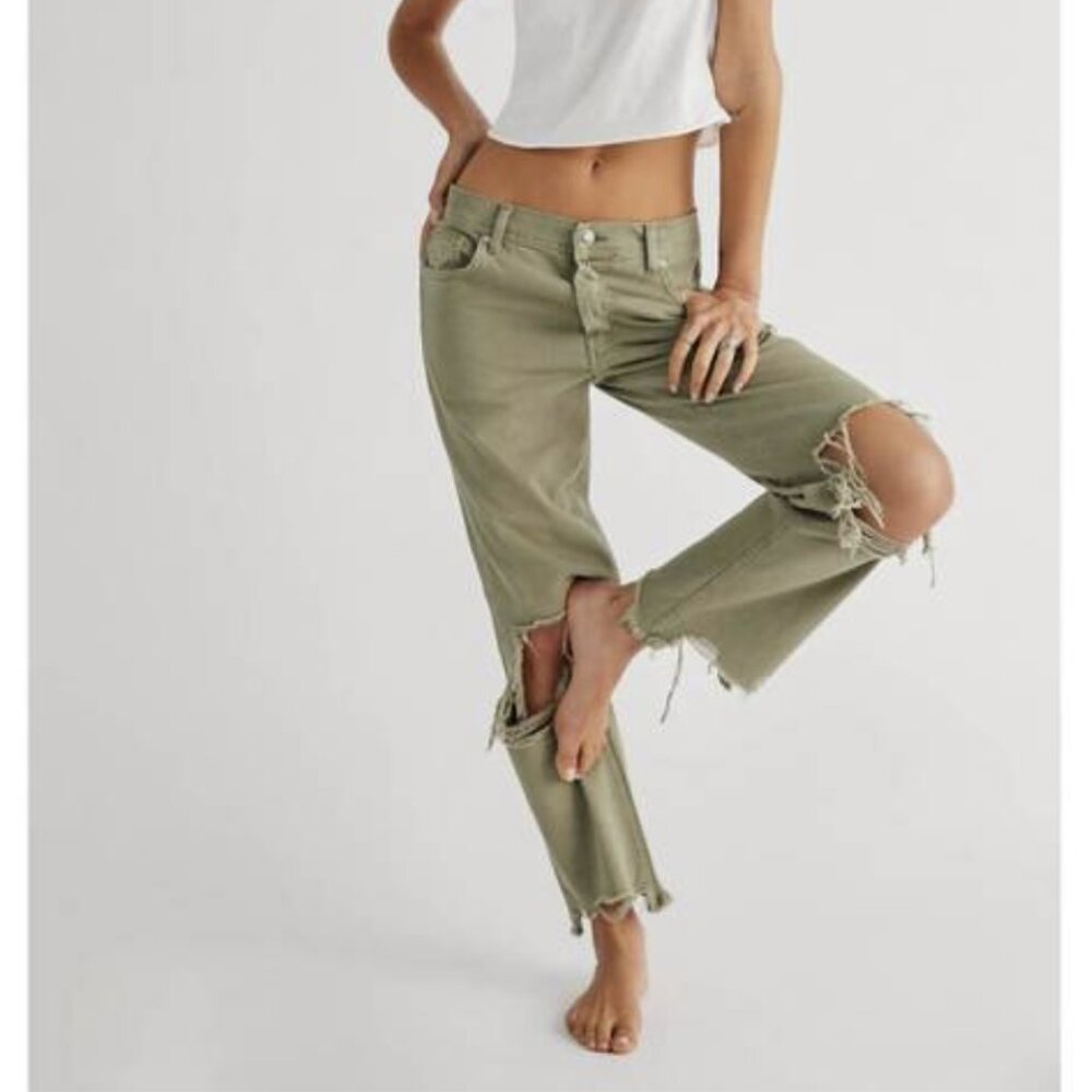 Free People We The Free Maggie Mid-Rise Straight-Leg Jeans Denim Moss Green 26